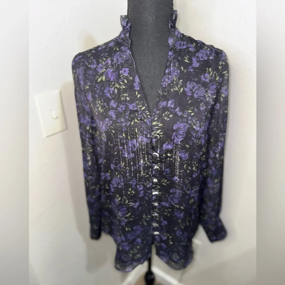 Elie Tahari‎ Whimsical Black and Purple Floral Blouse- Size XS